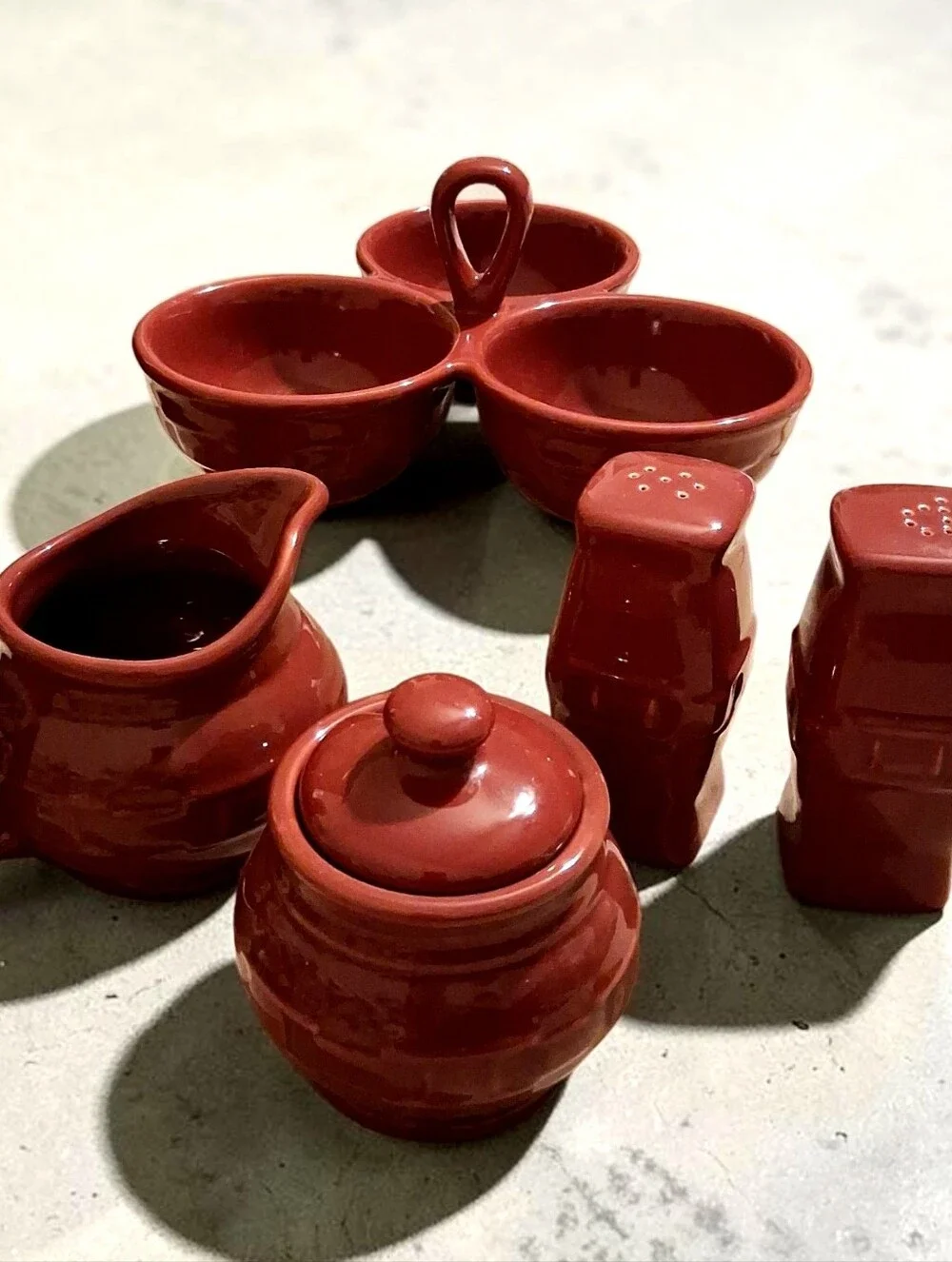 Longaberger Paprika Red Pottery Relish Cream Sugar, Salt Pepper Lot Of 6